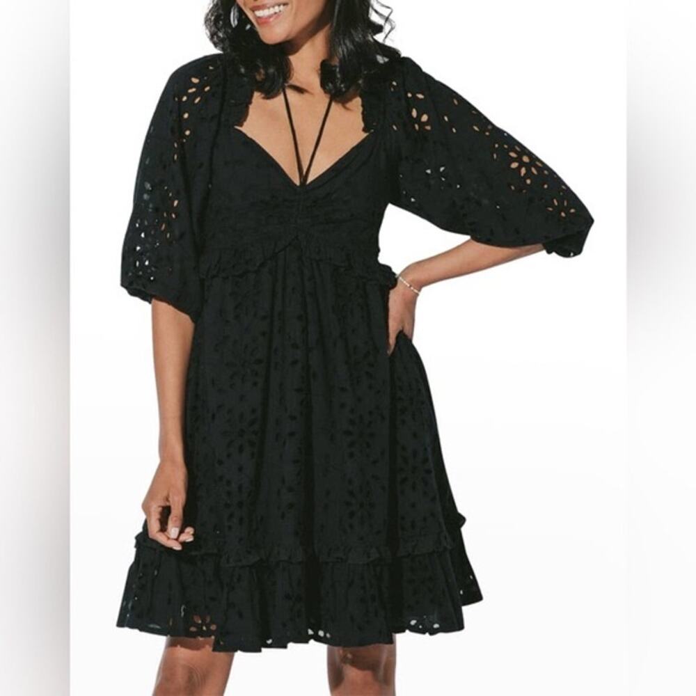 Cleobella Gia Black Eyelet Mini Dress Organic Cotton Boho Peasant Small